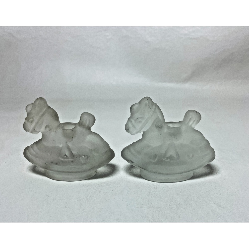 Set of 2 Vintage Rocking Horse‎ Frosted Glass Candle Holders 3"x2" Nursery Small